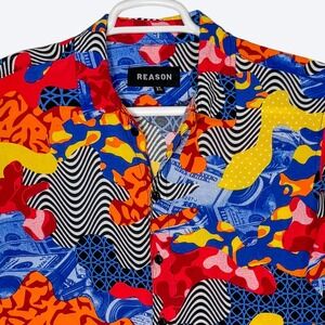 Reason‎ Crazy Wavy Short Sleeve Woven Top Mens XL Multi Dollar Abstract Print
